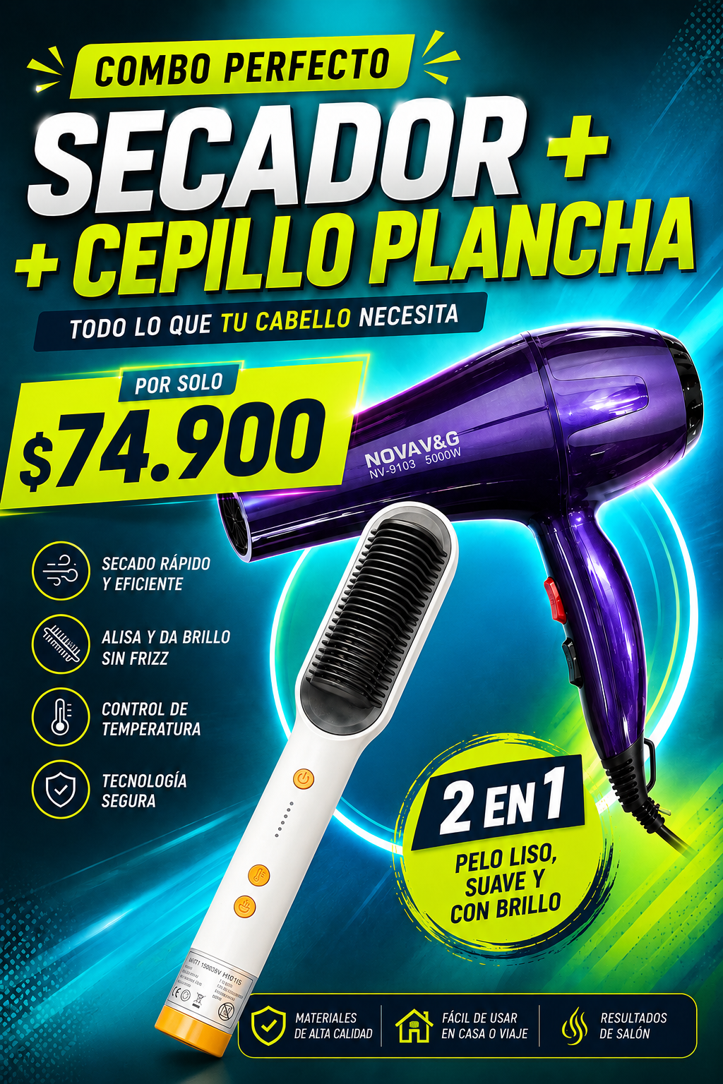 Combo Secador: Secador + Plancha Cepillo