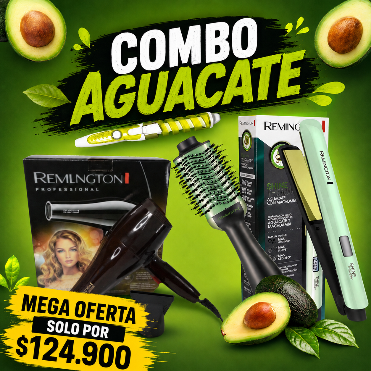 COMBO AGUACATE: PLANCHA + SECADOR + CEPILLO SECADOR Y RIZADORA